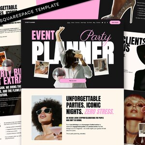 Puede incluir: Una plantilla de Squarespace para un organizador de eventos, con un diseño en negro y rosa. El diseño incluye imágenes de fiestas, bolas de discoteca y personas elegantes. El texto incluye "Event Planner" y "Unforgettable Parties."