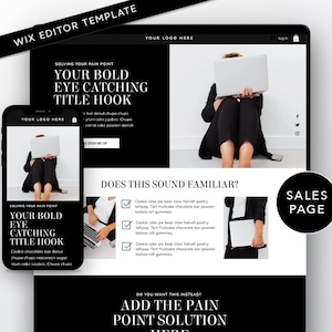 May include: Black and white website design template for a sales page. The template features a bold headline that says "Your Bold Eye Catching Title Hook" and a checklist with the text "Does this sound familiar?"  The template also includes a call to action button that says "Sign Me Up".
