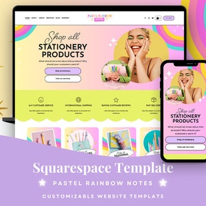 May include: A website template for a stationery shop with a pastel rainbow color scheme. The template features a colorful design with a woman smiling and holding a stack of colorful pencils. The text "Shop all Stationery Products" is displayed on the website.