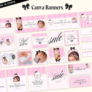 Pode incluir: Uma cole&ccedil;&atilde;o de banners digitais Canva com um tema de listras rosa e brancas com detalhes de la&ccedil;os pretos. Os designs incluem texto como Shop all NEW ARRIVALS, Shop all BEST SELLERS, Shop all SEASONAL SELLERS, sale, New arrivals, Testimonials e Subscribe.
