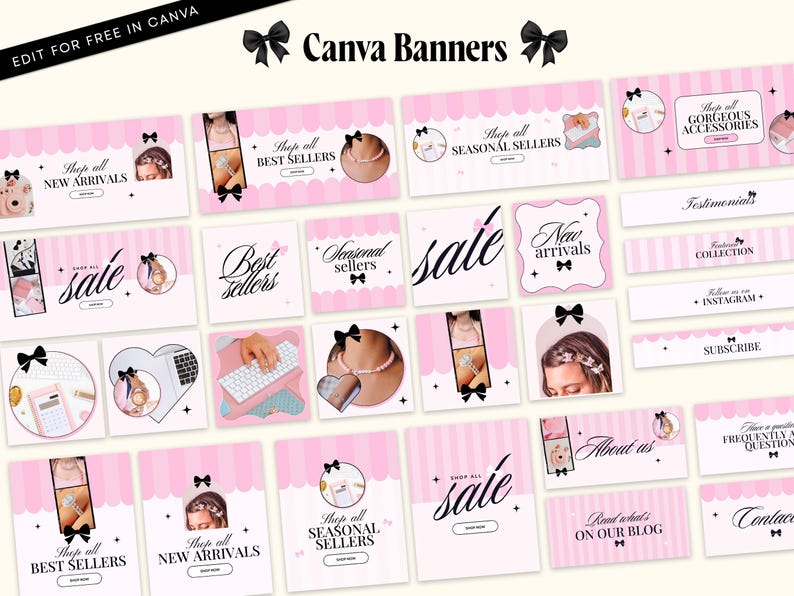 Pode incluir: Uma cole&ccedil;&atilde;o de banners digitais Canva com um tema de listras rosa e brancas com detalhes de la&ccedil;os pretos. Os designs incluem texto como Shop all NEW ARRIVALS, Shop all BEST SELLERS, Shop all SEASONAL SELLERS, sale, New arrivals, Testimonials e Subscribe.