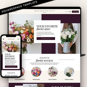 以下が含まれることがあります： ノートパソコンとスマートフォンの画面に表示されたSquarespaceのウェブサイトテンプレート。花屋のテーマで、花の画像、濃い紫色のアクセント、および「Your Favorite Florist Store」や「Our List of Florist Services」などのテキストが含まれています。