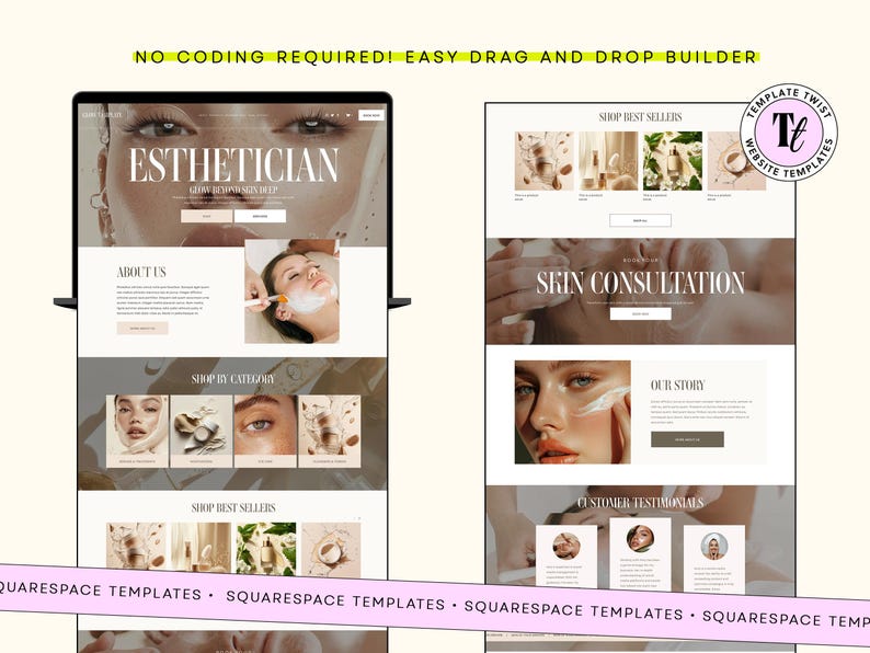 Esthetician Website, website template, Squarespace template, skincare website, beauty website, spa website, salon website, squarespace theme, luxury website, skin website, cosmetic website, esthetician theme, skin care website