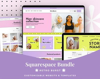 May include: A digital Squarespace website template bundle titled Retro Burst featuring customizable layouts, pink and yellow color schemes, and product display sections with imagery of individuals using skincare products and store branding.
