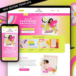 May include: A website design for Handmade Stationery, displayed on a laptop and smartphone. The site features a pink and yellow color scheme with the text "Shop all Handmade Products" and "Cool!". The design includes a flower and star graphics.