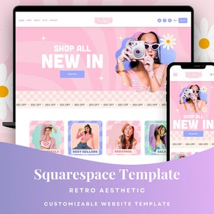 Op de afbeelding: Een roze en blauwe website-sjabloon met de tekst "RETRO" en "SHOP ALL NEW IN" op het scherm. De website is ontworpen in een retro-esthetiek met een geruit patroon en een madeliefje.