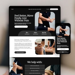 May include: A black tablet and smartphone showing a physiotherapy website. The site's headline reads "Feel Better, Move Freely, Live Without Pain". Images depict physiotherapy treatments. The design is modern and minimalist, with a dark colour scheme.
