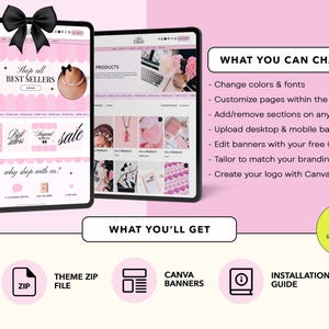 Pode incluir: Um modelo de site digital exibido em duas telas de tablet com um esquema de cores rosa e branco. O texto inclui WHAT YOU CAN CHANGE, WHAT YOU'LL GET, THEME ZIP FILE, CANVA BANNERS e INSTALLATION GUIDE. Um la&ccedil;o preto est&aacute; sobre o tablet esquerdo.