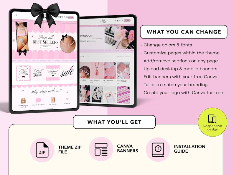 Pode incluir: Um modelo de site digital exibido em duas telas de tablet com um esquema de cores rosa e branco. O texto inclui WHAT YOU CAN CHANGE, WHAT YOU'LL GET, THEME ZIP FILE, CANVA BANNERS e INSTALLATION GUIDE. Um la&ccedil;o preto est&aacute; sobre o tablet esquerdo.