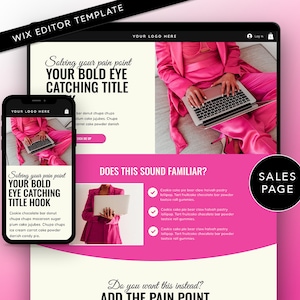 Pode incluir: Um modelo de página de vendas rosa com o texto "Solving your pain point YOUR BOLD EYE CATCHING TITLE" e "DOES THIS SOUND FAMILIAR?" A página também inclui uma lista de verificação com três marcadores e o texto "Do you want this instead? ADD THE PAIN POINT" na parte inferior.