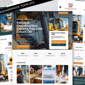 Puede incluir: Una plantilla de Squarespace para servicios de construcción. El diseño presenta un diseño de sitio web con imágenes de trabajadores de la construcción, maquinaria pesada y detalles del proyecto. El texto incluye "Built Right. Built to Last." y "Reliable Construction Experts You Can Count On."