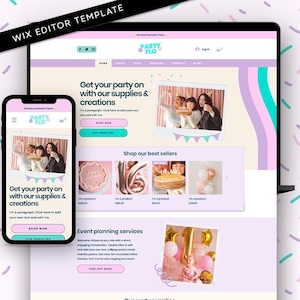 Può includere: Un sito web per un'azienda di forniture per feste chiamata "Party Flo". Il sito web presenta una combinazione di colori rosa e viola con immagini di torte, palloncini e decorazioni per feste. Il testo sul sito web dice "Get your party on with our supplies & creations".