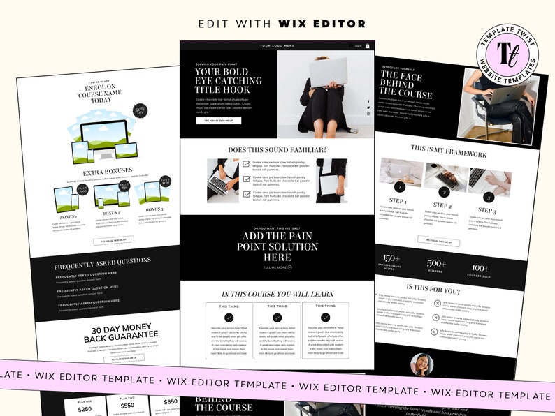 Wix Editor, faceless sales page, sales page template, landing page, luxury template, black website, online course, digital products, coaching website, wix theme, life coach, consultant website, consultancy template