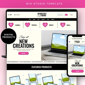 May include: A website mockup on a laptop and a mobile phone, both displaying a website with the text "Effortlessly Designed" and "Shop all New Creations". The website features a pink and black color scheme and a heart icon. The website is promoting digital products.