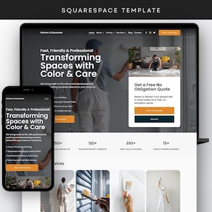 Op de afbeelding: Een website template weergegeven op een laptop en smartphone. De website promoot schildersdiensten met de tekst "Transforming Spaces with Color & Care". Het ontwerp bevat oranje en witte knoppen en afbeeldingen van schilderen.
