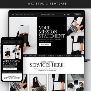 May include: A Wix Studio website template displayed on a laptop and a smartphone screen. The layout features a black and white colour scheme with the text "SQUARED SIMPLICITY," "YOUR MISSION STATEMENT," and "YOUR LIST OF SERVICES HERE!" alongside images.
