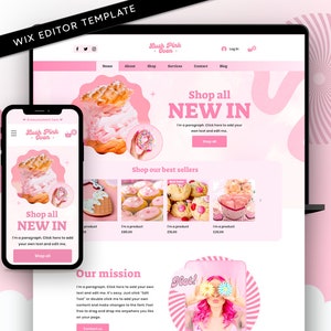 May include: A Wix editor website template for a bakery named Lush Pink Oven, displayed on a laptop and a smartphone. The design features a pink colour palette, images of pastries, navigation menus, product listings, and placeholder text.