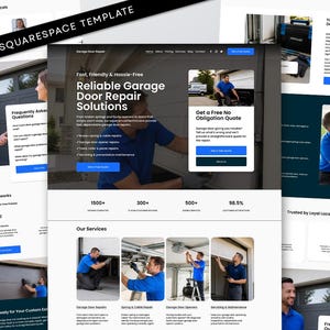 Könnte beinhalten: Eine Squarespace-Website-Vorlage für einen Garagentor-Reparaturservice mit blau-weißem Farbschema, Textüberschriften wie Reliable Garage Door Repair Solutions, Servicelisten, Kundenstatistiken und Bildern von arbeitenden Technikern.