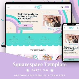 May include: A website template for a party supply business called "Party Flo". The template features a pink and blue colour scheme with a whimsical design. The website includes a call to action to "Get your party on with our supplies & creations".