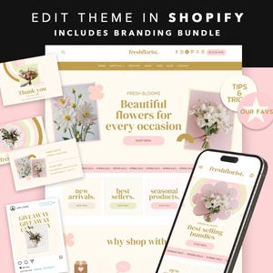 Pode incluir: Um pacote de branding digital para um site de florista, com layout de tema Shopify, interface móvel e cartões de marketing. O texto inclui EDIT THEME IN SHOPIFY, INCLUDES BRANDING BUNDLE, freshflorist, Beautiful flowers for every occasion e TIPS & TRICKS.