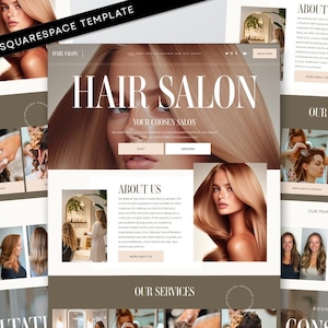 Könnte beinhalten: Eine Squarespace-Vorlage für eine Friseursalon-Website. Das Design zeigt ein großes Bild einer Frau mit blondem Haar, mit den Worten "Hair Salon" und "Your Chosen Salon". Zusätzliche Bilder zeigen Salonleistungen und Transformationen.