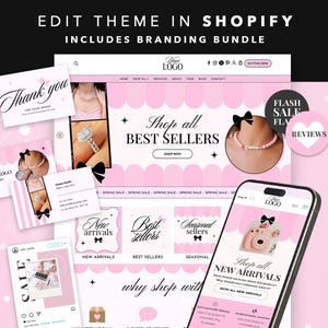 Könnte beinhalten: Ein digitales Branding-Paket für Shopify mit einem rosa-weißen Website-Theme, Visitenkarten und Social-Media-Vorlagen. Das Design enthält Texte wie Shop all BEST SELLERS, New arrivals und Thank you sowie schwarze Schleifen als Akzente.
