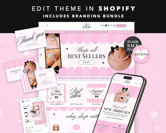 Pink Bow Theme for Shopify, Girly Ecommerce Website Template, Boutique Store