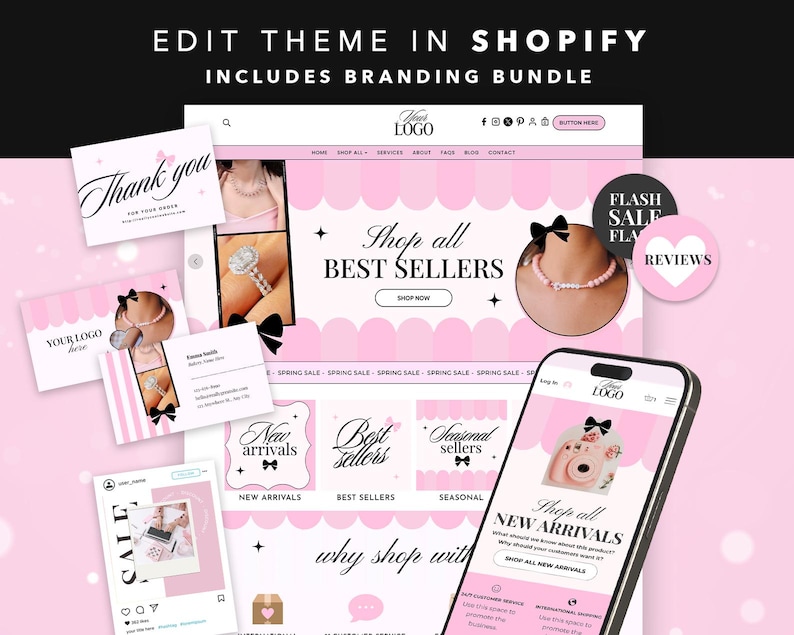 Pink Bow Shopify Website Theme, Girly Ecommerce Template, Boutique Store