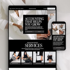 Puede incluir: Un diseño de sitio web para servicios de contabilidad mostrado en un monitor de escritorio y un teléfono inteligente. El diseño presenta un esquema de color blanco y negro con el texto Accounting That Helps You Grow y Our Accountancy Services.