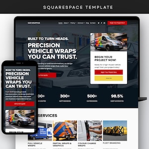 May include: A website design displayed on a laptop and smartphone, showcasing vehicle wrap services. The site features the text "Precision Vehicle Wraps You Can Trust" and includes images of wrapped vehicles. The design is dark with red and yellow accents.