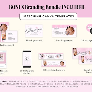 Pode incluir: Um pacote de branding digital com modelos Canva em listras rosas e brancas. Inclui cart&otilde;es de visita, cart&otilde;es de agradecimento, assinaturas de e-mail, 35 capas para Instagram, 30 posts, 30 stories, 8 banners para lojas Etsy e banners para YouTube, Pinterest, Facebook e Twitter.