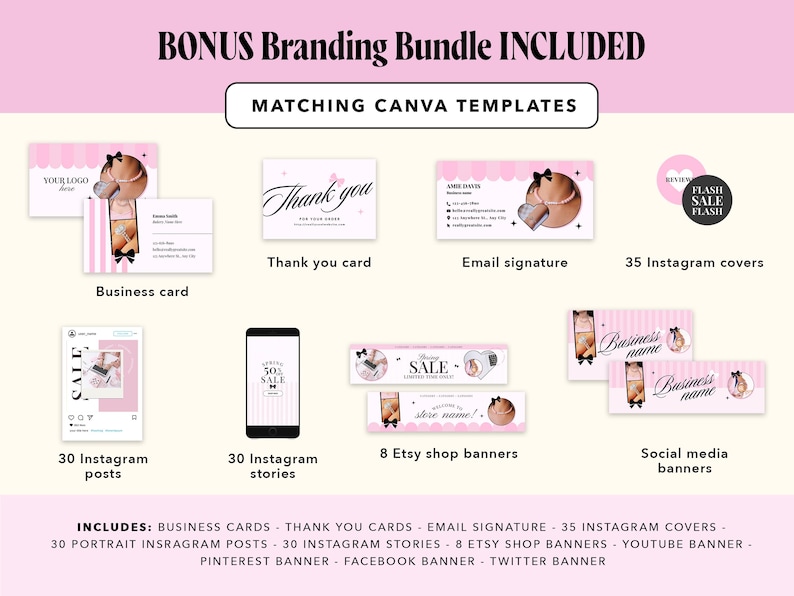 Pode incluir: Um pacote de branding digital com modelos Canva em listras rosas e brancas. Inclui cart&otilde;es de visita, cart&otilde;es de agradecimento, assinaturas de e-mail, 35 capas para Instagram, 30 posts, 30 stories, 8 banners para lojas Etsy e banners para YouTube, Pinterest, Facebook e Twitter.