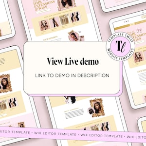 May include: A digital mockup of a website design for hair extensions and wigs, displayed on multiple tablets. The website features a pink and gold color scheme with images of hair products and models. Text on the screen reads "View Live demo" and "Link to demo in description."