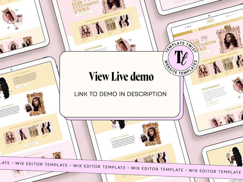 May include: A digital mockup of a website design for hair extensions and wigs, displayed on multiple tablets. The website features a pink and gold color scheme with images of hair products and models. Text on the screen reads "View Live demo" and "Link to demo in description."