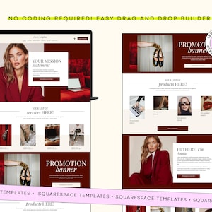 May include: A website template design featuring a deep red and white color scheme. The layout includes sections for a mission statement, services, and promotion banners, with placeholder imagery of a person in a red blazer and black shoes.