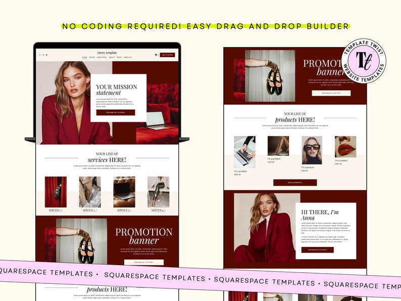 May include: A website template design featuring a deep red and white color scheme. The layout includes sections for a mission statement, services, and promotion banners, with placeholder imagery of a person in a red blazer and black shoes.