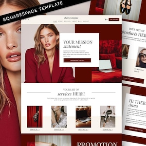 Puede incluir: Plantilla de sitio web de Squarespace con un esquema de color burdeos y crema. El diseño incluye una modelo con una blazer roja, listados de productos y secciones etiquetadas como "Your Mission Statement" y "Your List of Services Here!"