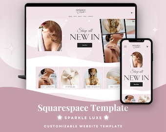 May include: A Squarespace website template titled Sparkle Luxe displayed on a laptop and smartphone screen. The design features a soft pink color palette with arched image frames, elegant typography, and the text Shop all NEW IN.