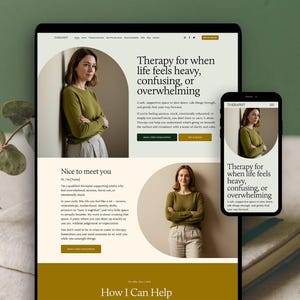 Könnte beinhalten: Ein Website-Design auf einem Tablet und einem Smartphone, das eine professionelle Landingpage für Therapeuten zeigt, mit dem Text Therapy for when life feels heavy, confusing, or overwhelming und Nice to meet you sowie einer Person in einem grünen Pullover.