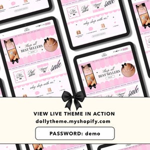 Pode incluir: Uma exibi&ccedil;&atilde;o digital de um tema de site com um esquema de cores rosa e branco, bordas recortadas, imagens de joias e texto incluindo Shop all BEST SELLERS. Um &iacute;cone de la&ccedil;o preto est&aacute; centralizado acima do texto VIEW LIVE THEME IN ACTION dollytheme.myshopify.com PASSWORD: demo.