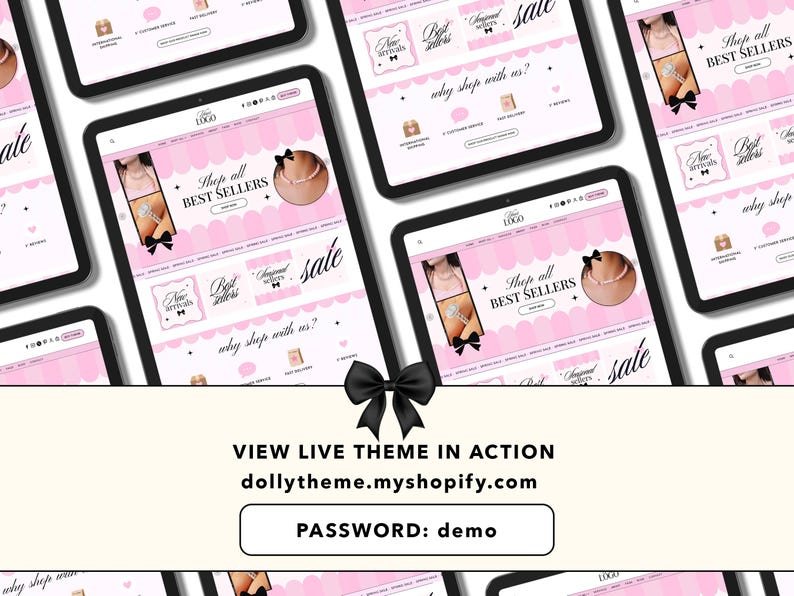 Pode incluir: Uma exibi&ccedil;&atilde;o digital de um tema de site com um esquema de cores rosa e branco, bordas recortadas, imagens de joias e texto incluindo Shop all BEST SELLERS. Um &iacute;cone de la&ccedil;o preto est&aacute; centralizado acima do texto VIEW LIVE THEME IN ACTION dollytheme.myshopify.com PASSWORD: demo.