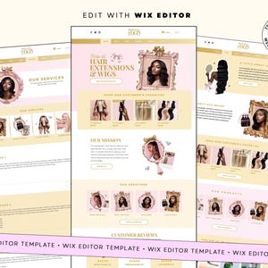 May include: A website template design with a pink and gold color scheme. The design showcases hair extensions and wigs, with images of products and customer favorites. The text includes "Hair Extensions & Wigs" and "Our Services".