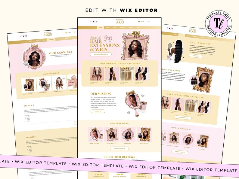 May include: A website template design with a pink and gold color scheme. The design showcases hair extensions and wigs, with images of products and customer favorites. The text includes "Hair Extensions & Wigs" and "Our Services".