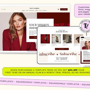 May include: A digital website template display featuring a laptop, tablet, and smartphone showing a cohesive design with deep red accents, serif typography, and placeholder imagery. The layout includes navigation menus, blog sections, and subscription forms.