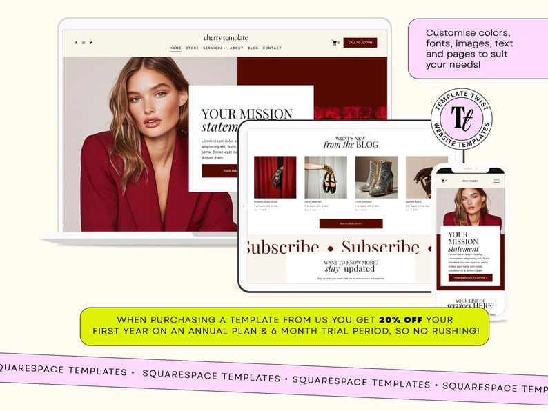 May include: A digital website template display featuring a laptop, tablet, and smartphone showing a cohesive design with deep red accents, serif typography, and placeholder imagery. The layout includes navigation menus, blog sections, and subscription forms.