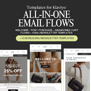 Può includere: Una risorsa di marketing digitale con modelli per Klaviyo ALL-IN-ONE EMAIL FLOWS. La grafica mostra tre esempi di layout di email, inclusi flussi di benvenuto, post-acquisto e carrello abbandonato, oltre a 14 modelli di newsletter con testo.