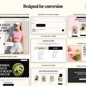 Pu&ograve; includere: Un design di marketing digitale con la scritta "Progettato per la conversione". Il design include mockup di un sito web con prodotti di t&egrave; matcha, una tabella di confronto e una guida alle ricette. Una donna tiene in mano una bevanda al matcha.