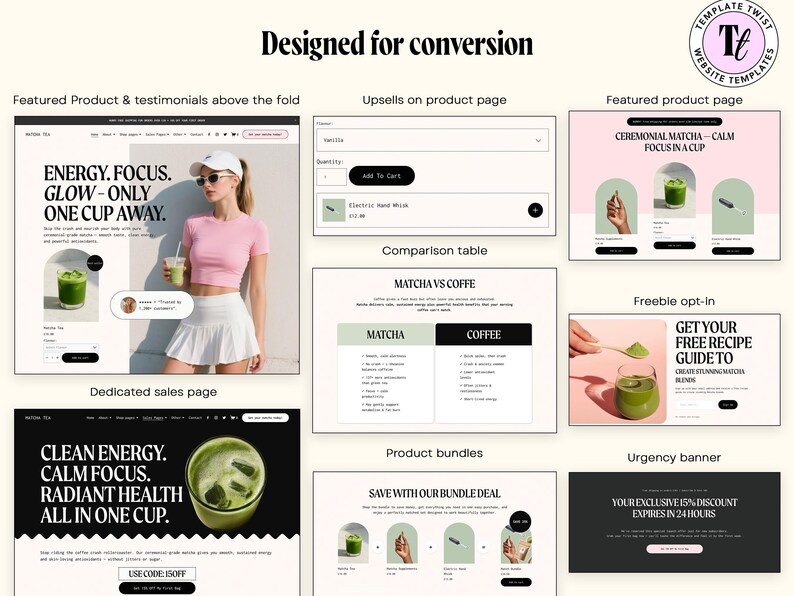 Pu&ograve; includere: Un design di marketing digitale con la scritta "Progettato per la conversione". Il design include mockup di un sito web con prodotti di t&egrave; matcha, una tabella di confronto e una guida alle ricette. Una donna tiene in mano una bevanda al matcha.