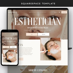 Könnte beinhalten: Eine Website-Vorlage für ein Kosmetikstudio. Die Website zeigt ein Nahaufnahmebild einer Frau, die eine Gesichtsbehandlung erhält. Der Text "Kosmetikerin" wird in großer Schrift oben auf der Seite angezeigt. Die Website enthält auch einen Bereich für die Buchung von Terminen und einen Bereich für den Einkauf nach Kategorien.