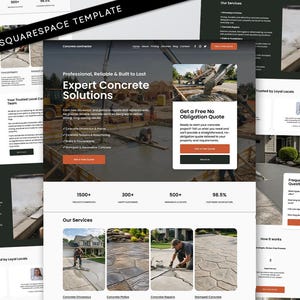 Könnte beinhalten: Eine Squarespace-Website-Vorlage für ein Betonbauunternehmen. Das Layout enthält einen Header-Bereich mit dem Text Expert Concrete Solutions, einen Button Get a Free No Obligation Quote, Servicekategorien, Projektstatistiken und Kundenbewertungen.
